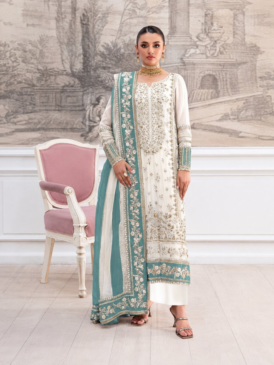 Cream Sky Crunchy Embroidery Zari Sequins Khatli Work Wedding Party Festival Casual Palazzo Pant Salwar Kameez