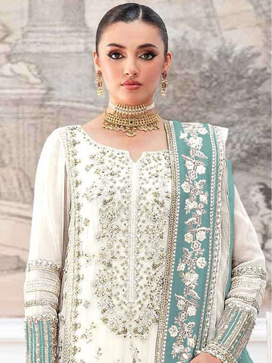 Cream Sky Crunchy Embroidery Zari Sequins Khatli Work Wedding Party Festival Casual Palazzo Pant Salwar Kameez