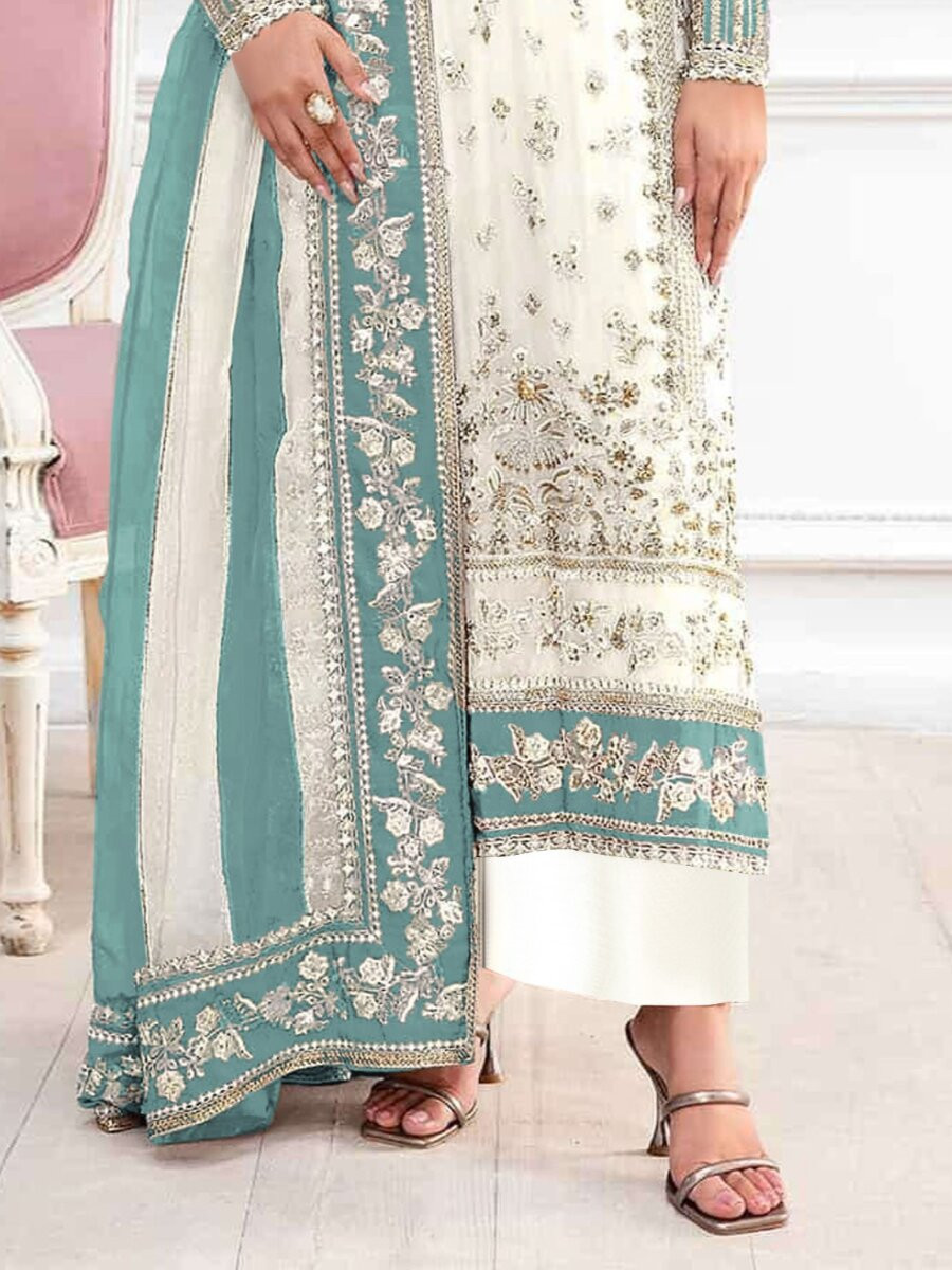 Cream Sky Crunchy Embroidery Zari Sequins Khatli Work Wedding Party Festival Casual Palazzo Pant Salwar Kameez