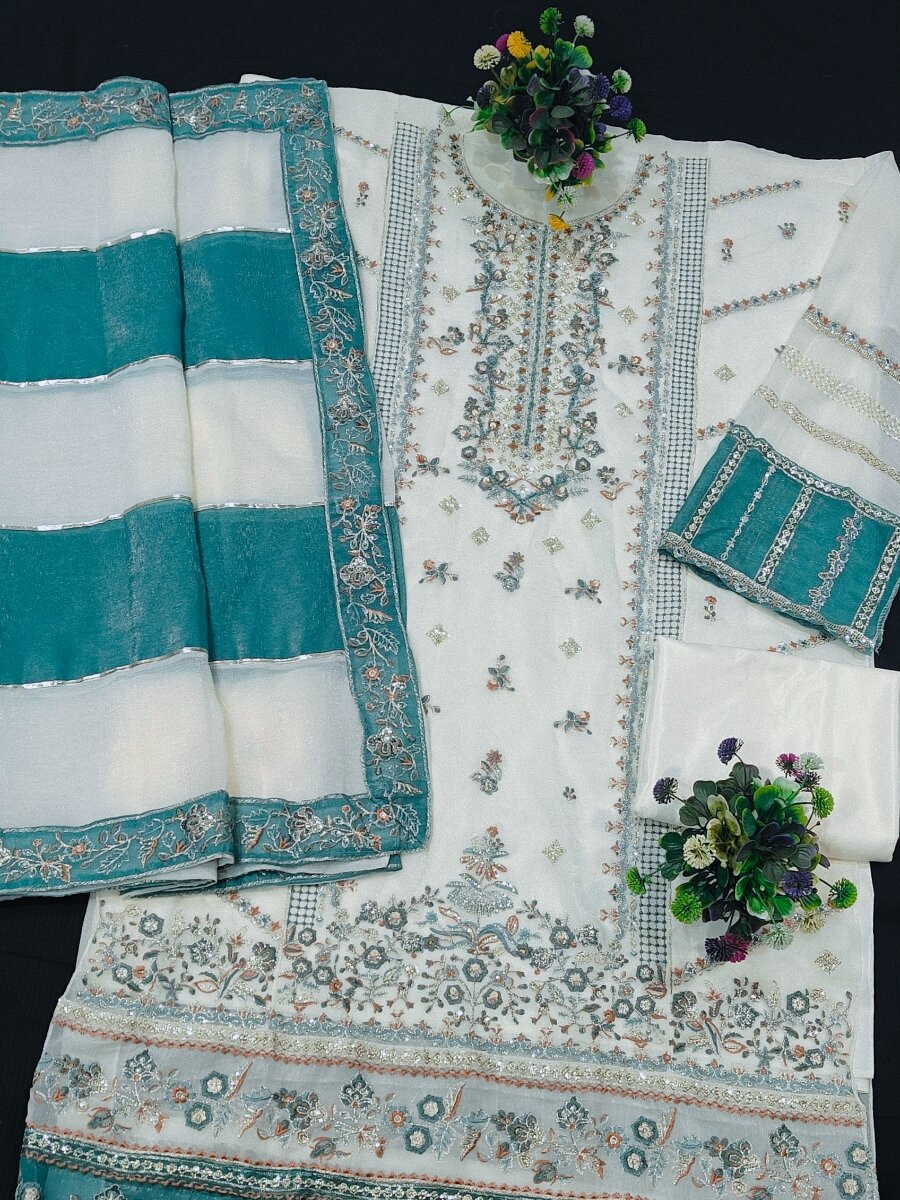Cream Sky Crunchy Embroidery Zari Sequins Khatli Work Wedding Party Festival Casual Palazzo Pant Salwar Kameez