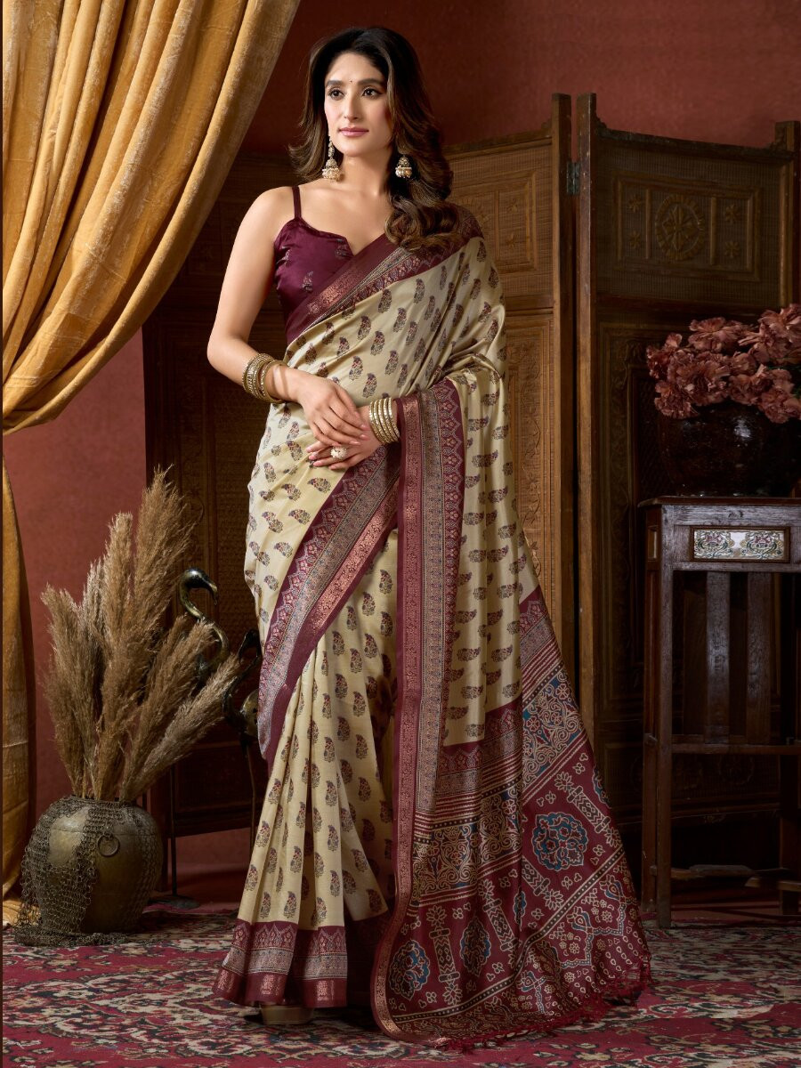 Cream Soft Crepe Silk Printed Wedding Reception Party Casual Heavy Border Sarees