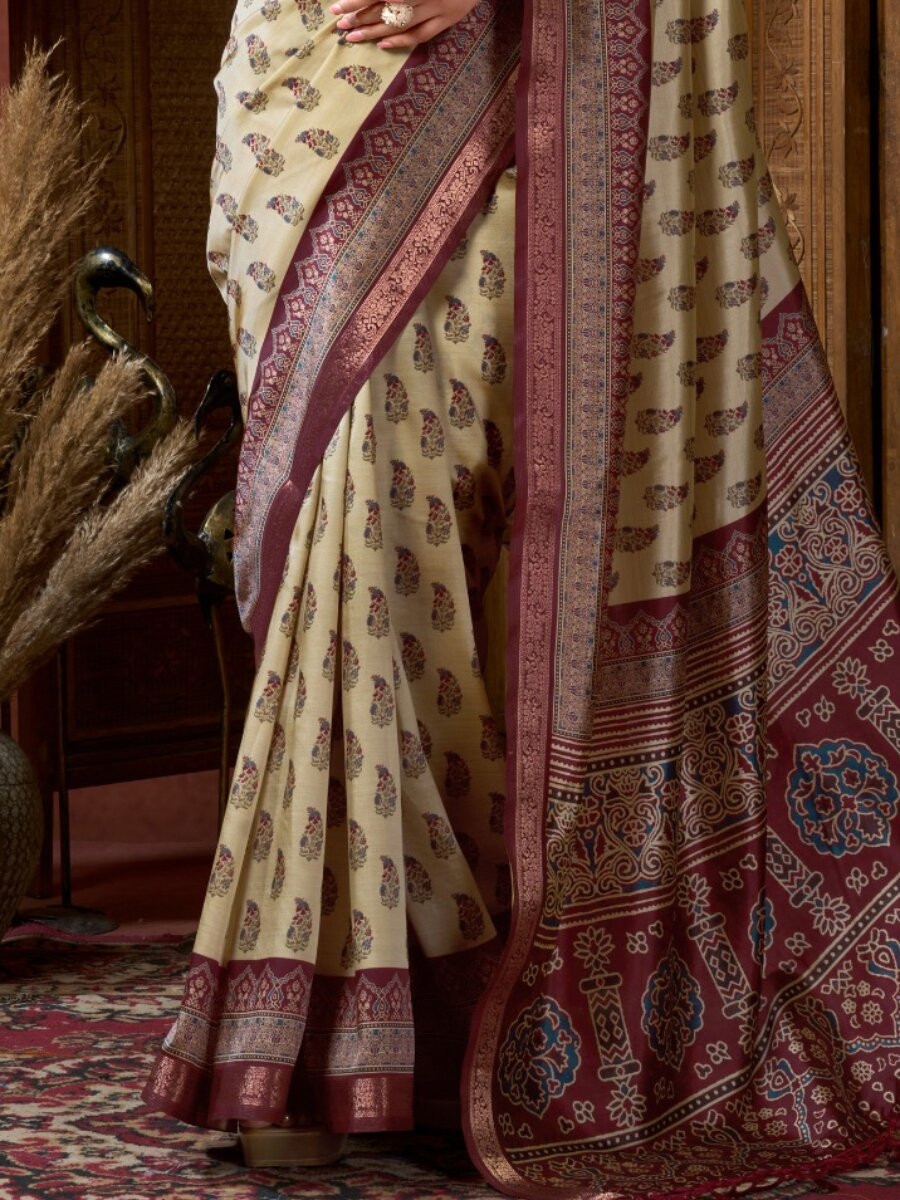 Cream Soft Crepe Silk Printed Wedding Reception Party Casual Heavy Border Sarees