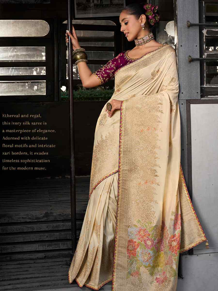 Cream Soft Dola Viscose Silk Handwoven with Embroidered Festival Wedding Fancy Heavy Border Saree