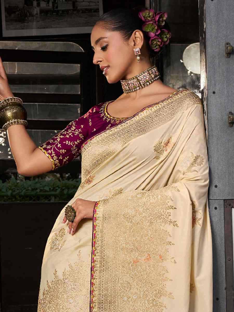 Cream Soft Dola Viscose Silk Handwoven with Embroidered Festival Wedding Fancy Heavy Border Saree