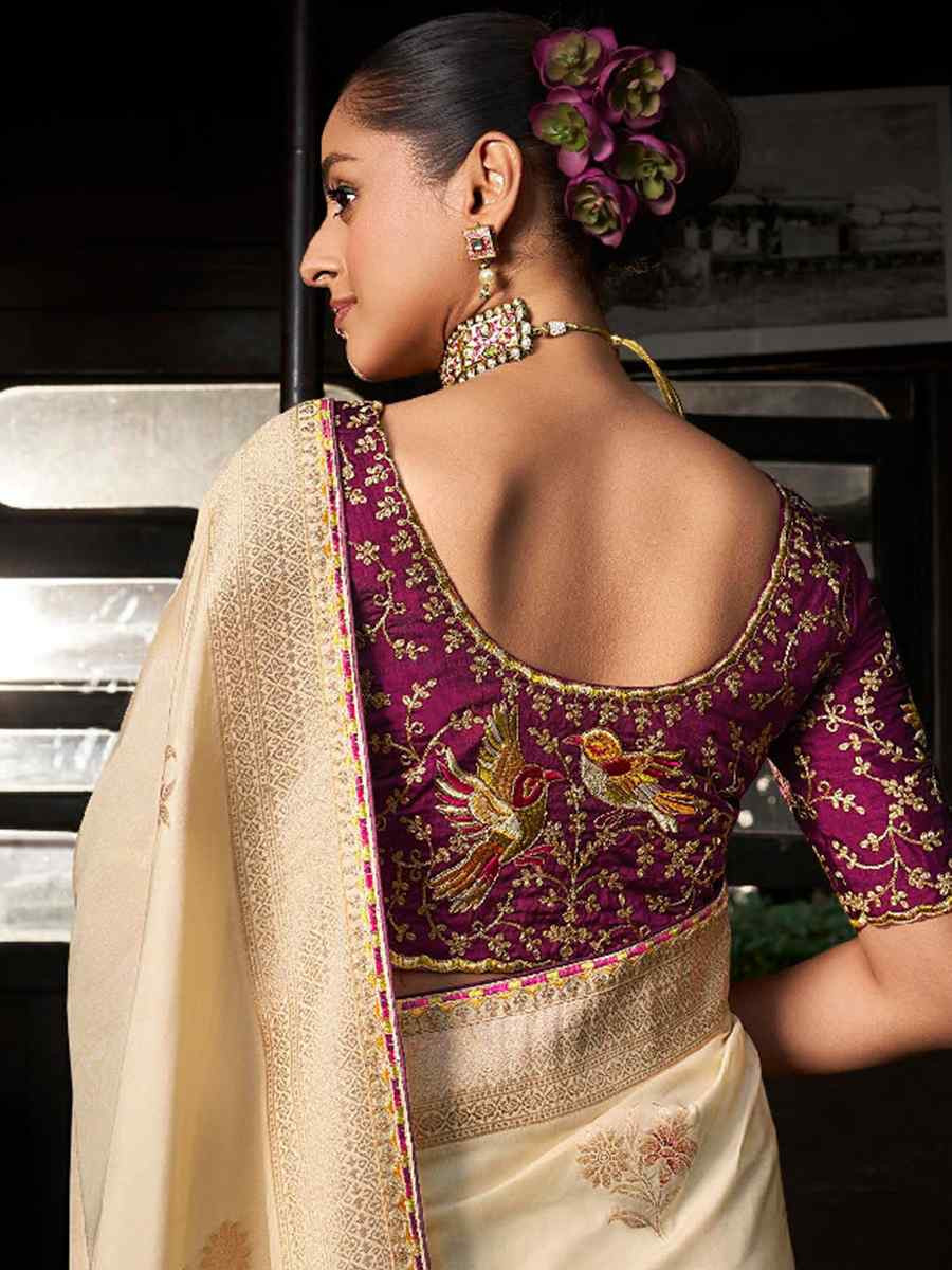 Cream Soft Dola Viscose Silk Handwoven with Embroidered Festival Wedding Fancy Heavy Border Saree