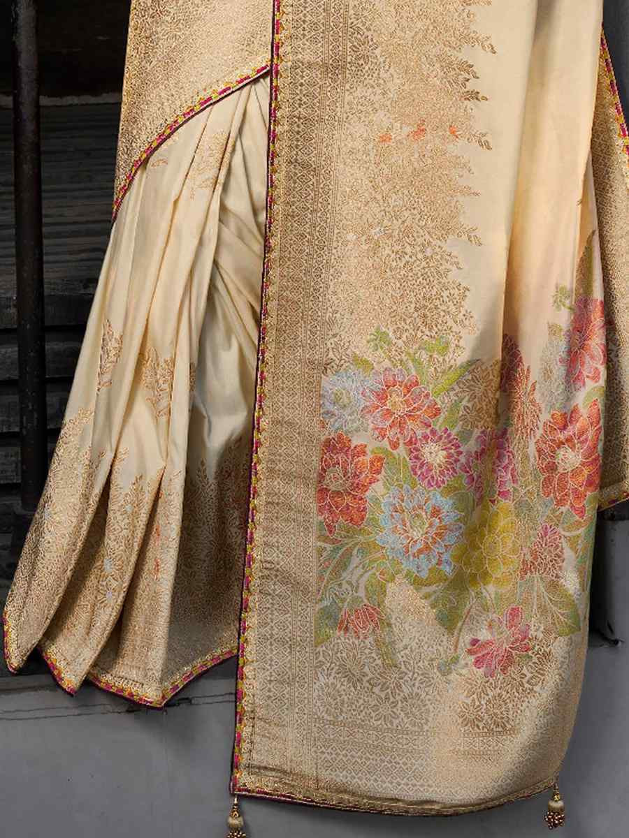 Cream Soft Dola Viscose Silk Handwoven with Embroidered Festival Wedding Fancy Heavy Border Saree
