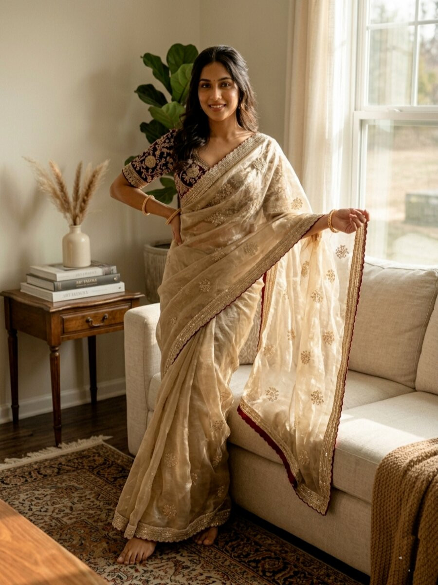 Cream Soft Frendy Satin Embroidery Sequins Zari Wedding Reception Party Festival Casual Heavy Border Sarees