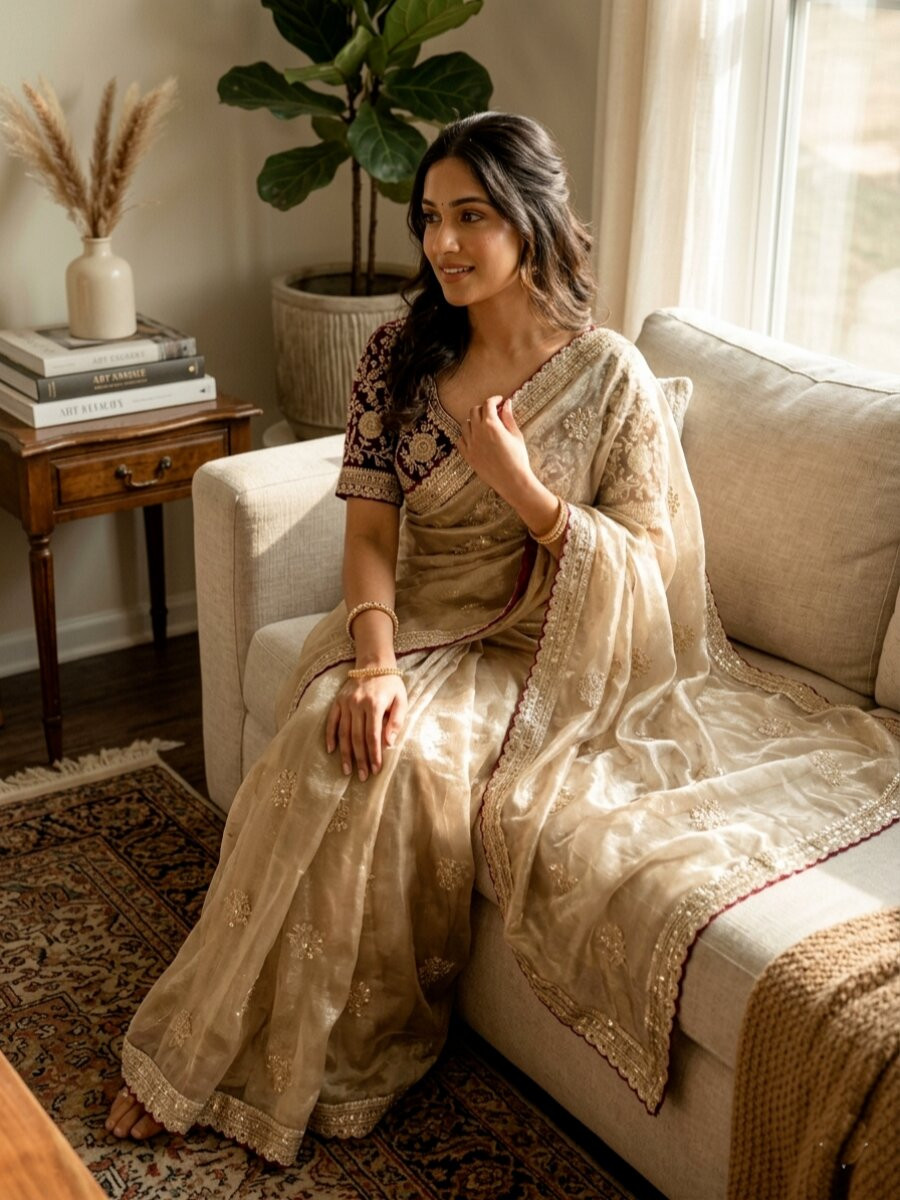 Cream Soft Frendy Satin Embroidery Sequins Zari Wedding Reception Party Festival Casual Heavy Border Sarees