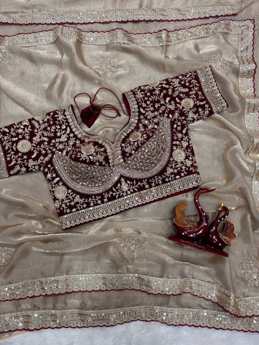 Cream Soft Frendy Satin Embroidery Sequins Zari Wedding Reception Party Festival Casual Heavy Border Sarees