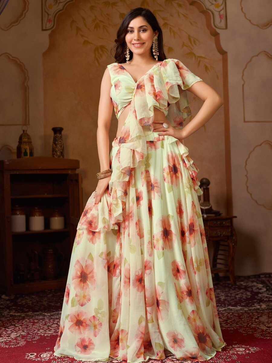 Cream Soft Georgette Floral Printed Wedding Party Festival Circular Lehenga Choli
