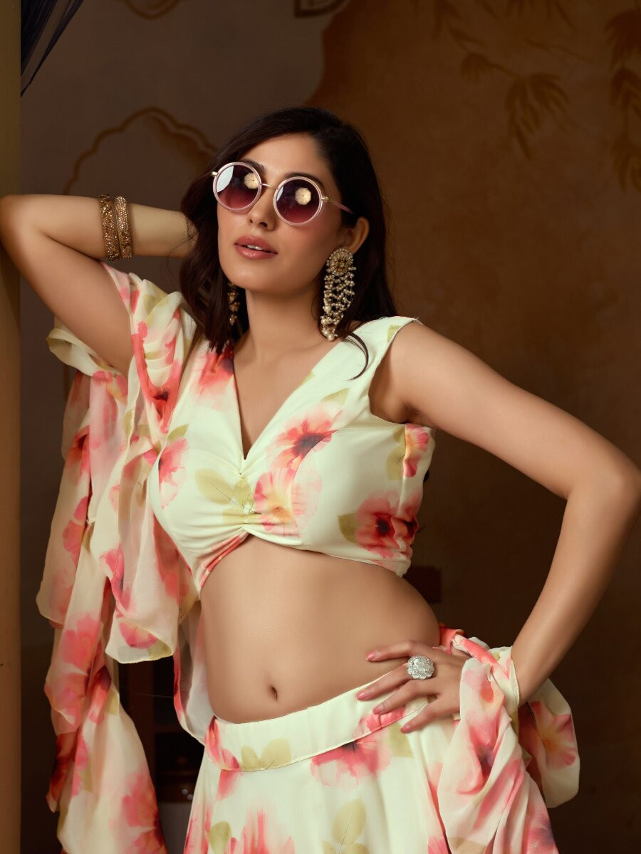 Cream Soft Georgette Floral Printed Wedding Party Festival Circular Lehenga Choli