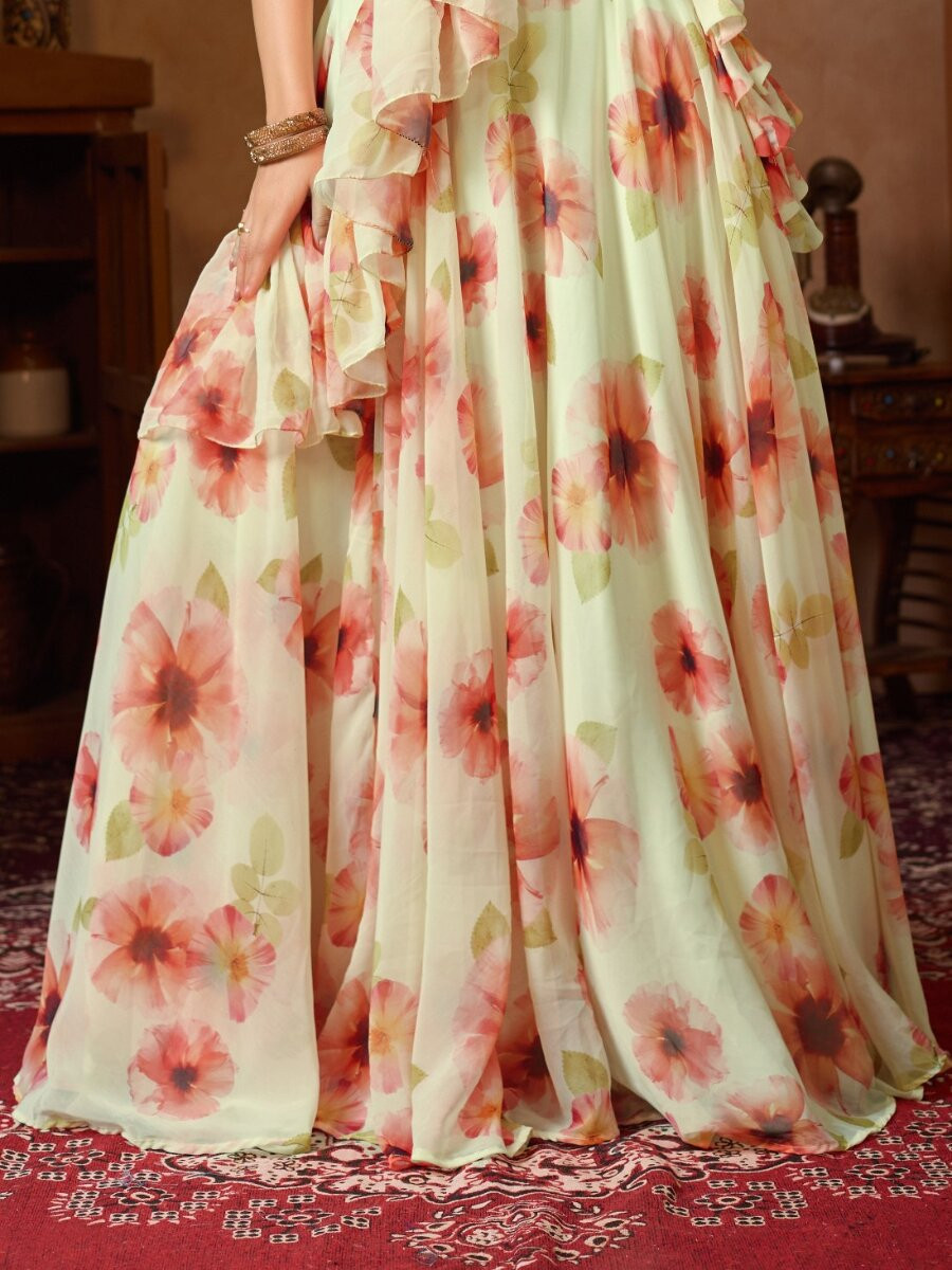 Cream Soft Georgette Floral Printed Wedding Party Festival Circular Lehenga Choli
