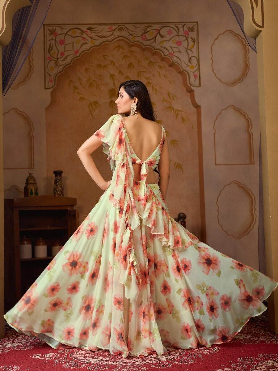 Cream Soft Georgette Floral Printed Wedding Party Festival Circular Lehenga Choli