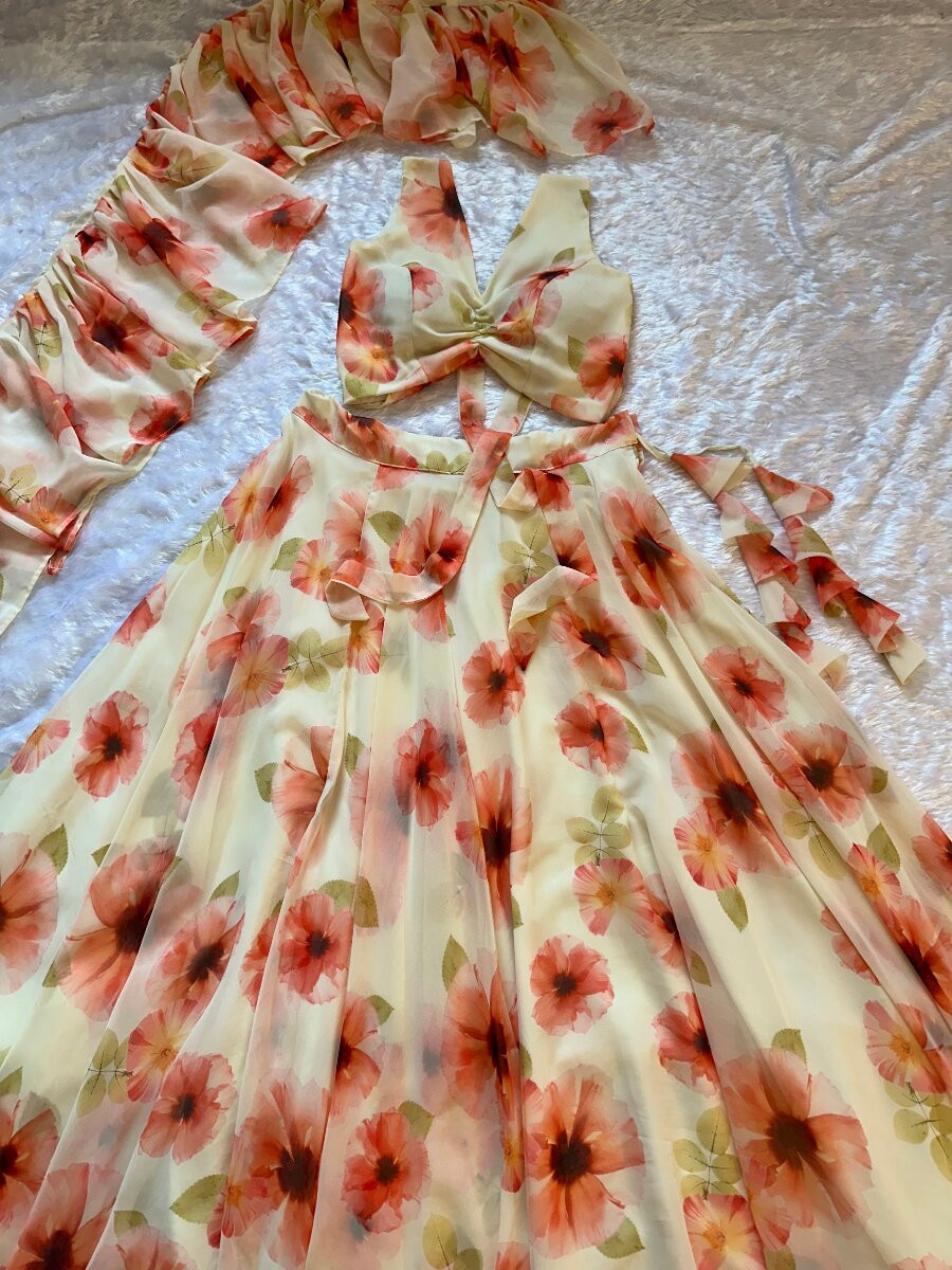 Cream Soft Georgette Floral Printed Wedding Party Festival Circular Lehenga Choli