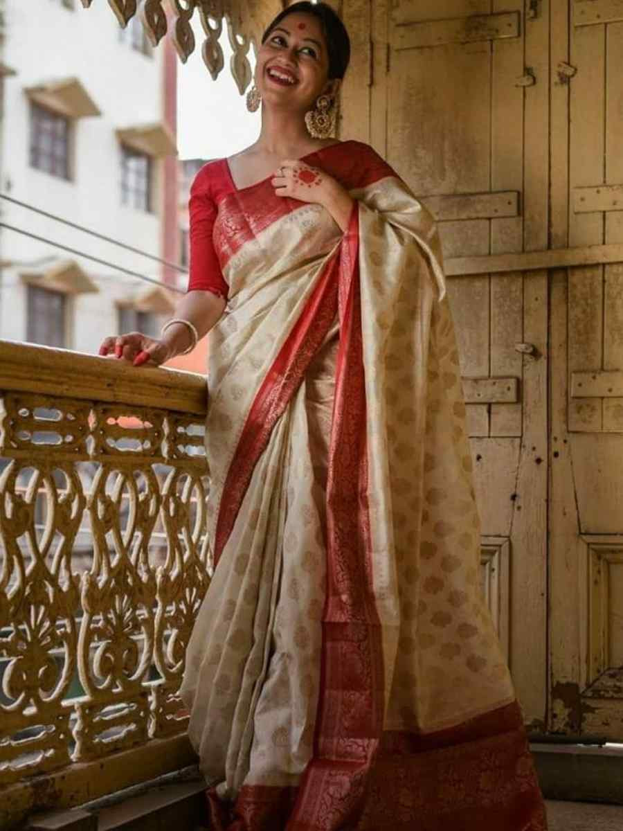 Cream Soft Lichi Silk Jacquard Festival Wear Fancy Heavy Border Saree