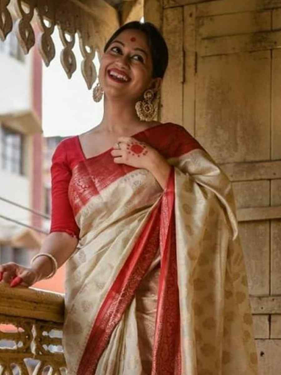 Cream Soft Lichi Silk Jacquard Festival Wear Fancy Heavy Border Saree