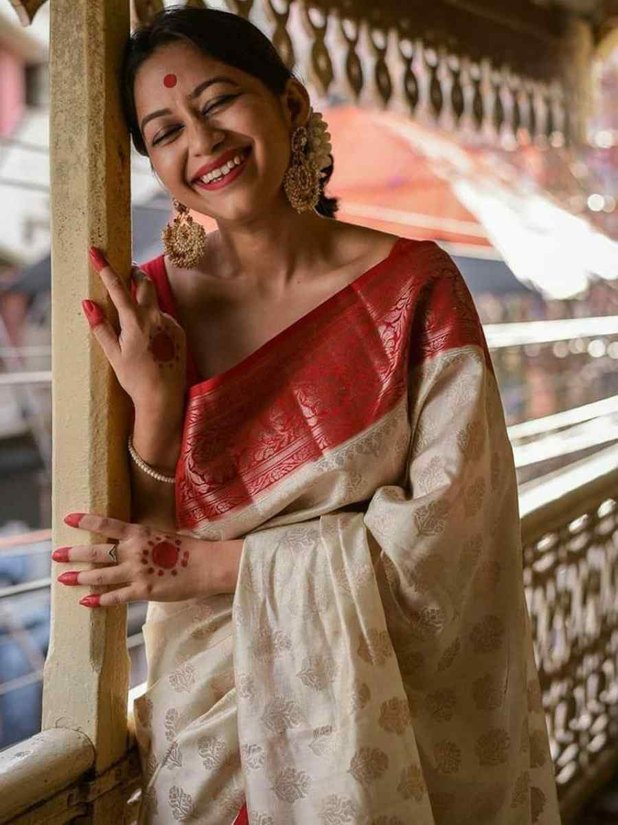 Cream Soft Lichi Silk Jacquard Festival Wear Fancy Heavy Border Saree