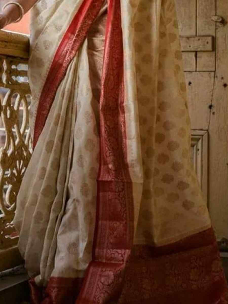Cream Soft Lichi Silk Jacquard Festival Wear Fancy Heavy Border Saree