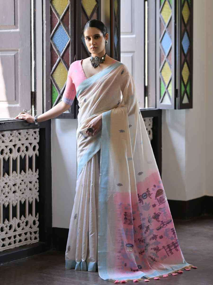 Cream Soft Muga Cotton Handwoven Casual Reception Festival Wedding Fancy Heavy Border Saree
