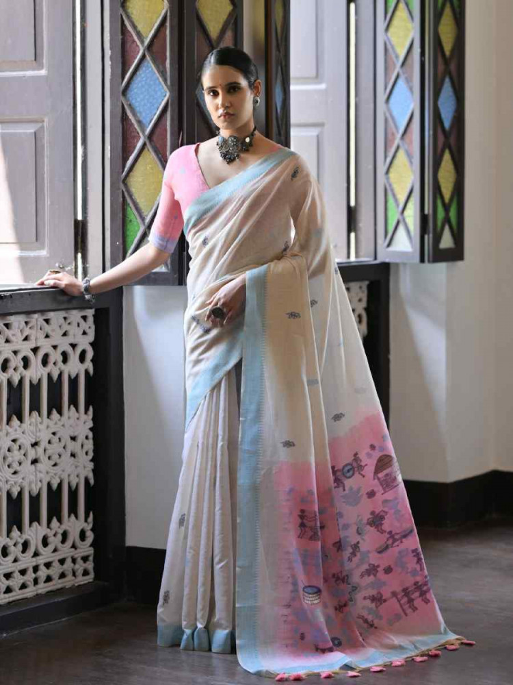 Image of Cream Soft Muga Cotton Handwoven Casual Reception Festival Wedding Fancy Heavy Border Saree