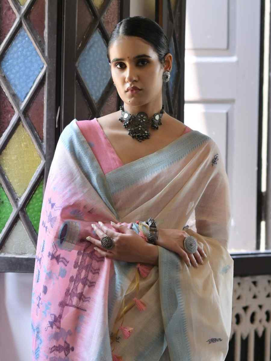 Cream Soft Muga Cotton Handwoven Casual Reception Festival Wedding Fancy Heavy Border Saree