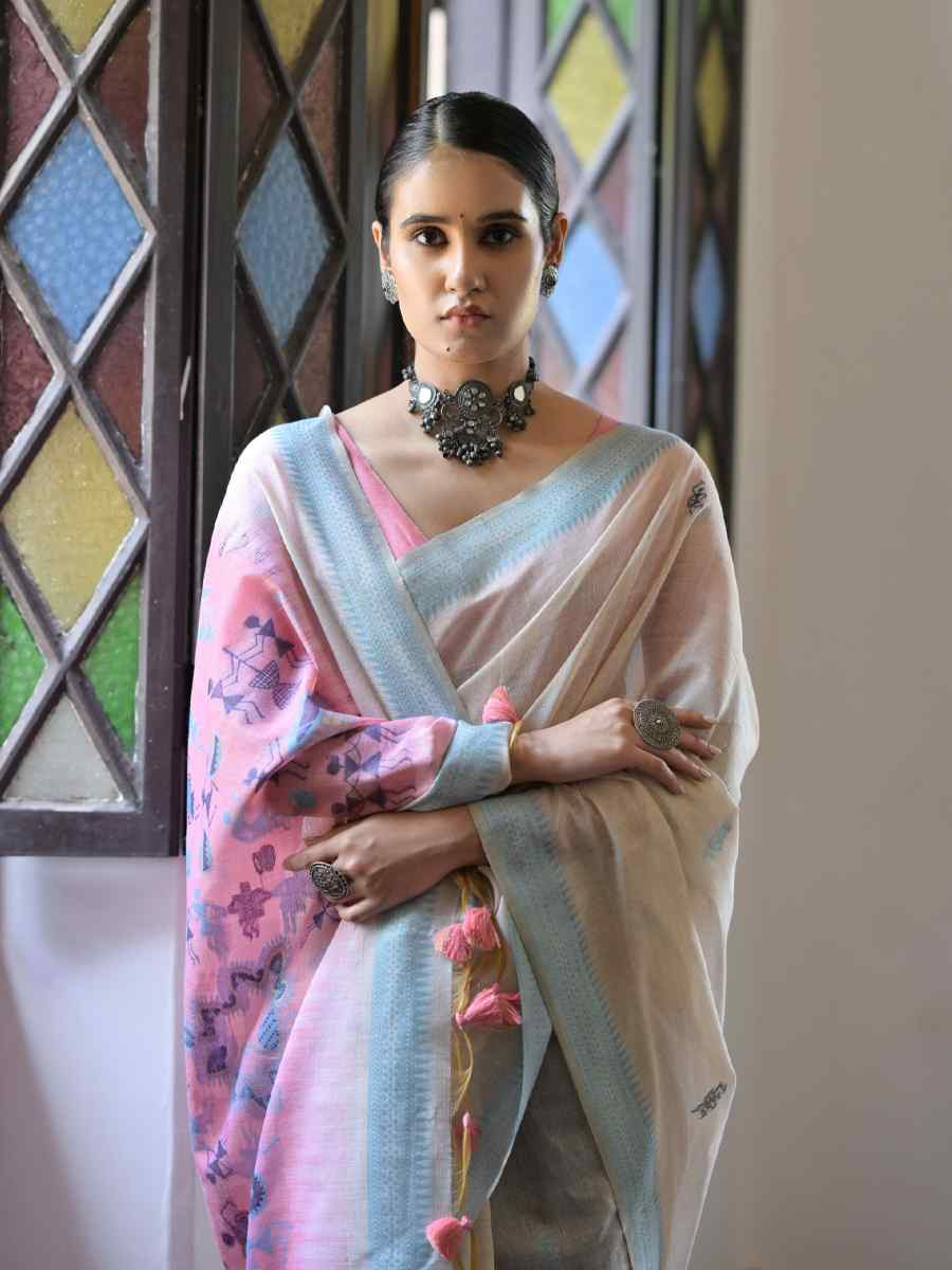 Cream Soft Muga Cotton Handwoven Casual Reception Festival Wedding Fancy Heavy Border Saree