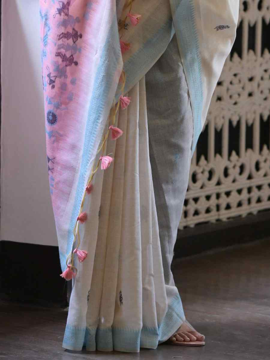 Cream Soft Muga Cotton Handwoven Casual Reception Festival Wedding Fancy Heavy Border Saree