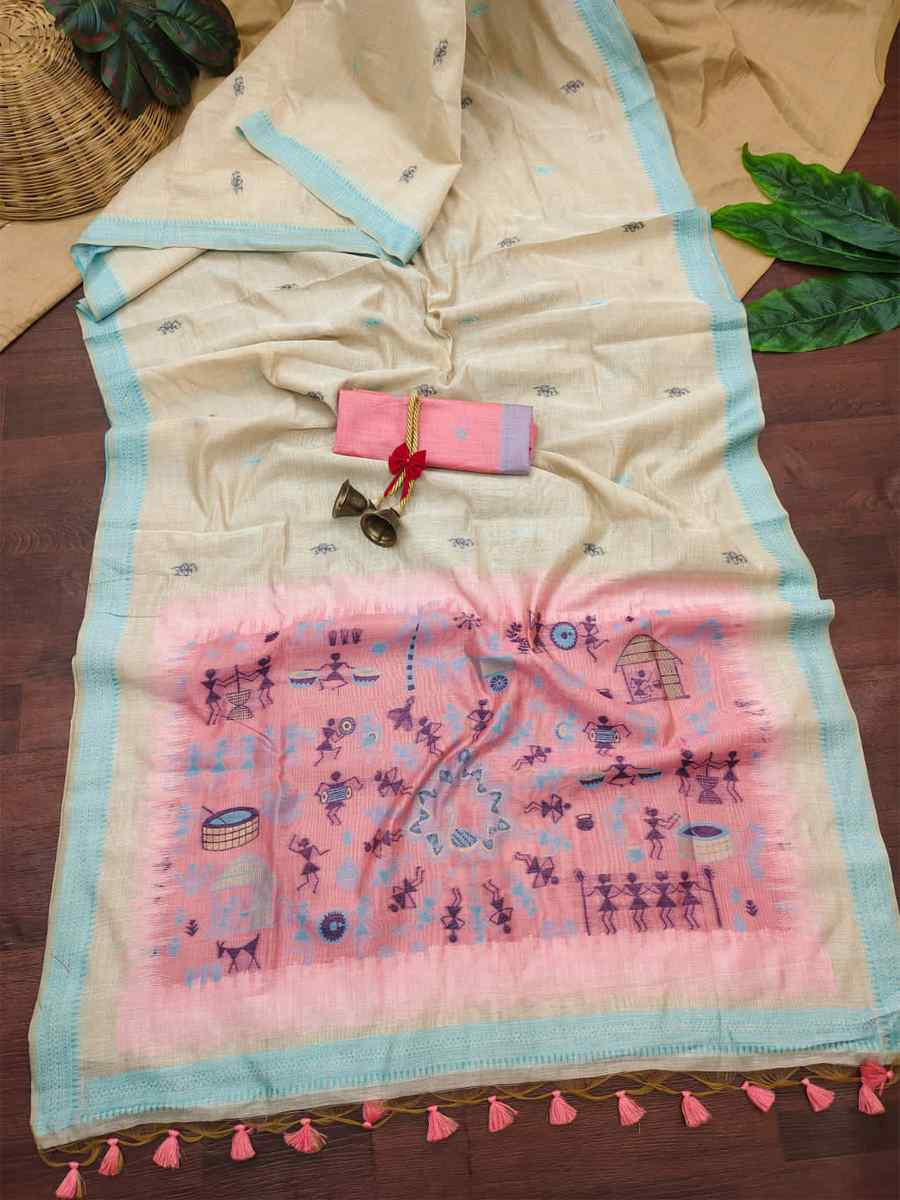 Cream Soft Muga Cotton Handwoven Casual Reception Festival Wedding Fancy Heavy Border Saree