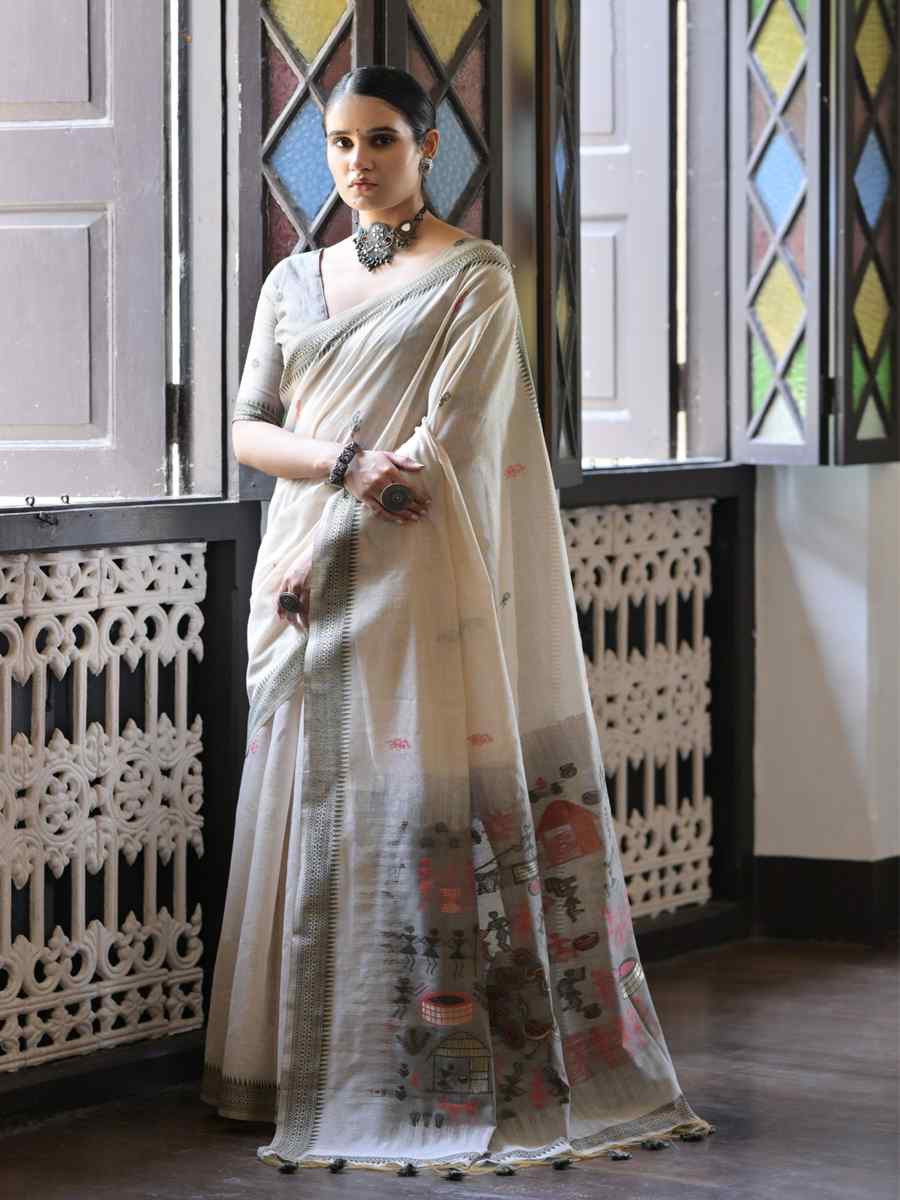 Cream Soft Muga Cotton Handwoven Casual Reception Festival Wedding Fancy Heavy Border Saree