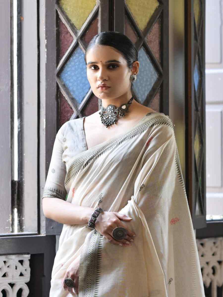 Cream Soft Muga Cotton Handwoven Casual Reception Festival Wedding Fancy Heavy Border Saree