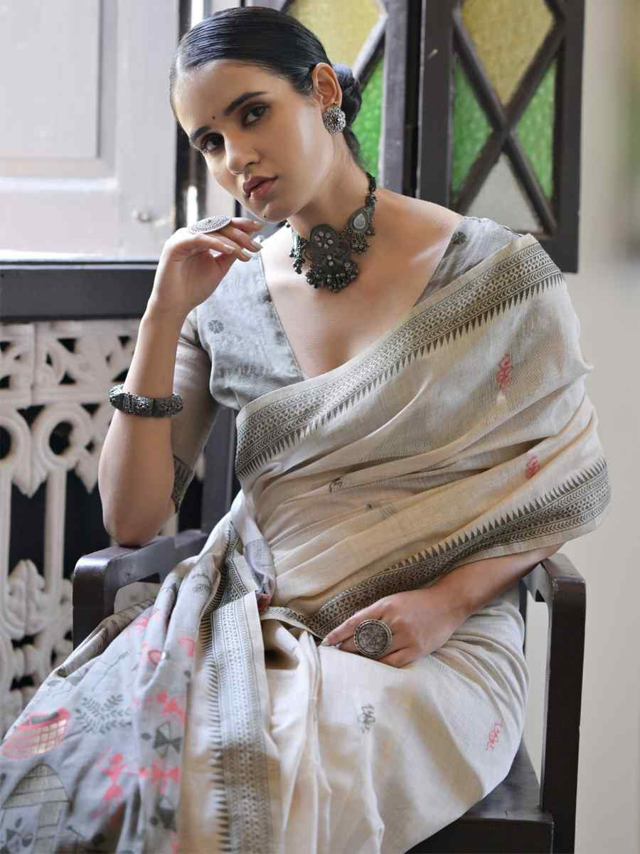 Cream Soft Muga Cotton Handwoven Casual Reception Festival Wedding Fancy Heavy Border Saree