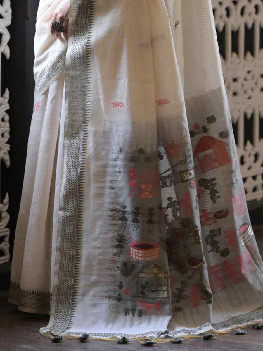 Cream Soft Muga Cotton Handwoven Casual Reception Festival Wedding Fancy Heavy Border Saree