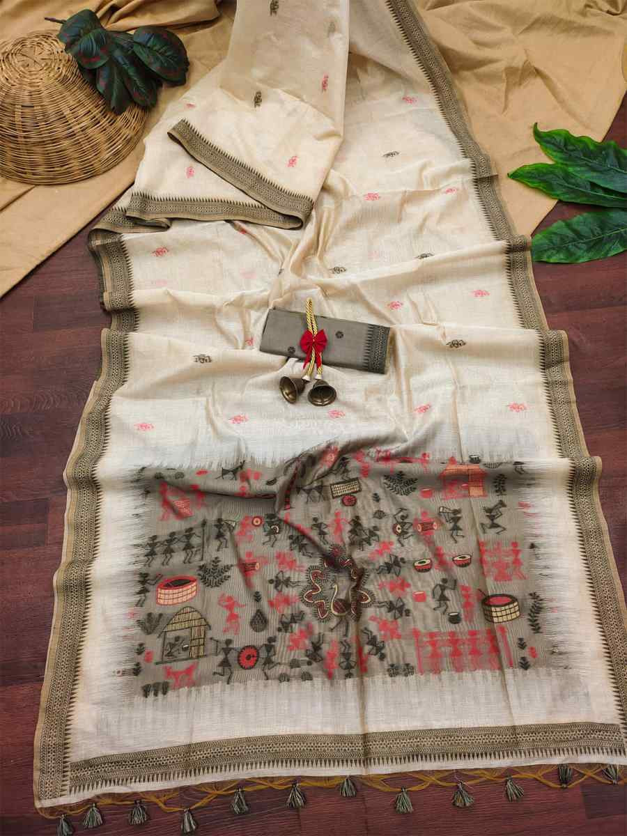 Cream Soft Muga Cotton Handwoven Casual Reception Festival Wedding Fancy Heavy Border Saree