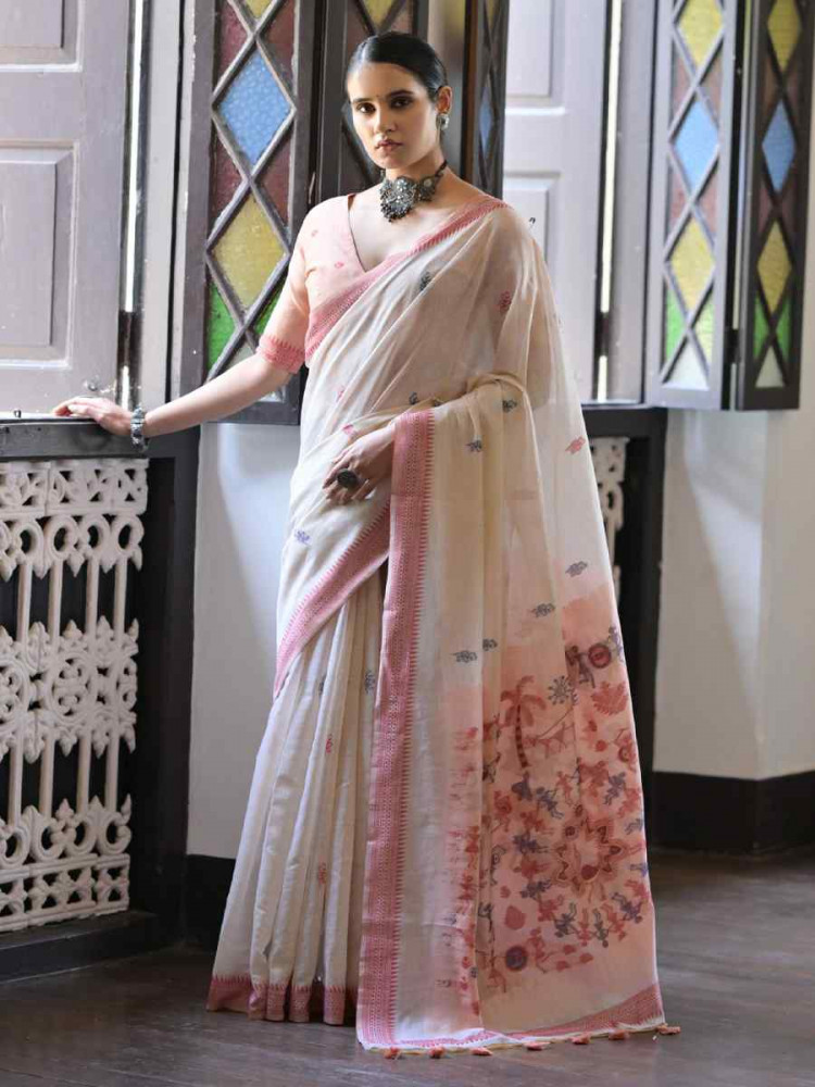 Image of Cream Soft Muga Cotton Handwoven Casual Reception Festival Wedding Fancy Heavy Border Saree