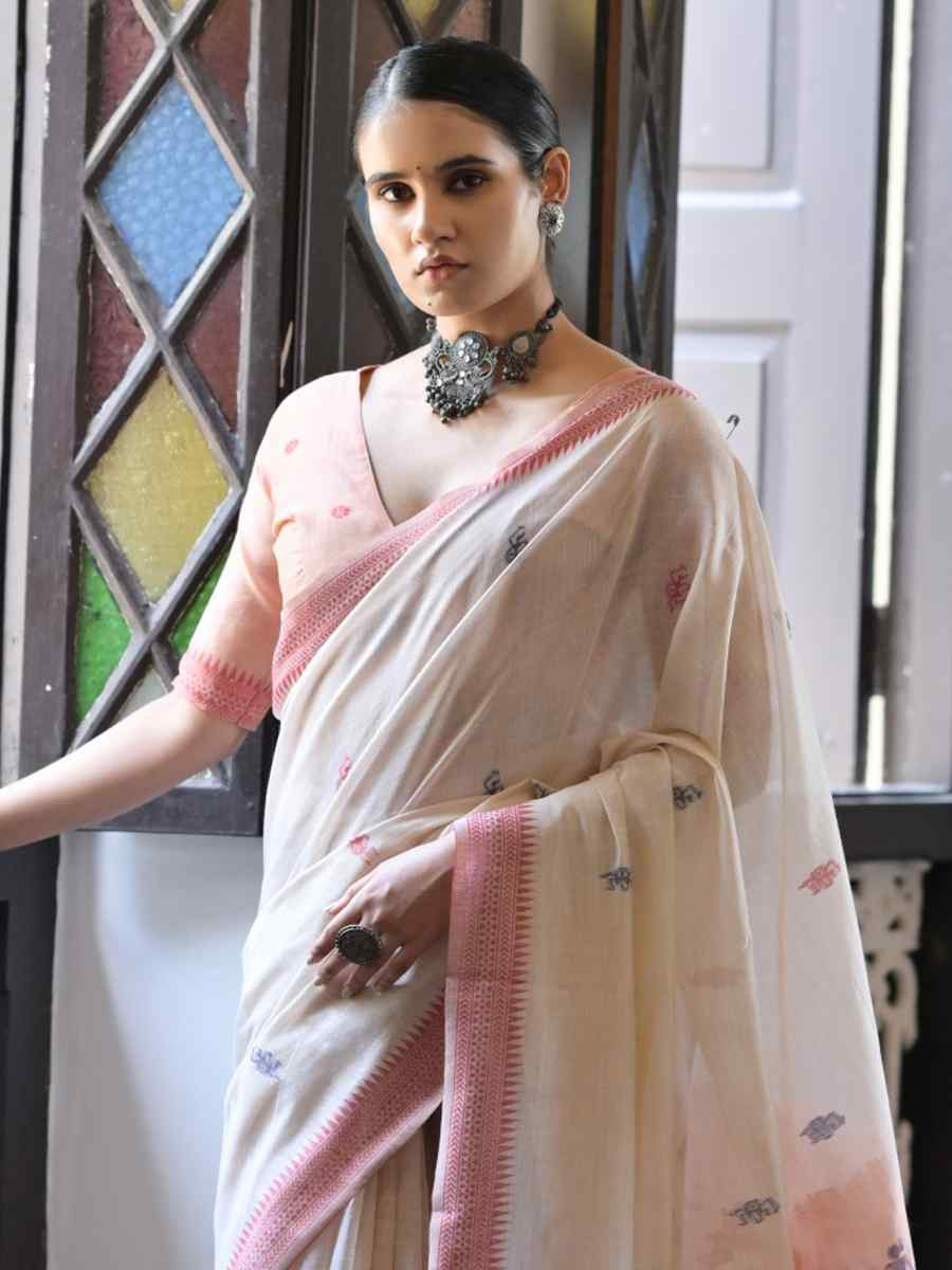 Cream Soft Muga Cotton Handwoven Casual Reception Festival Wedding Fancy Heavy Border Saree