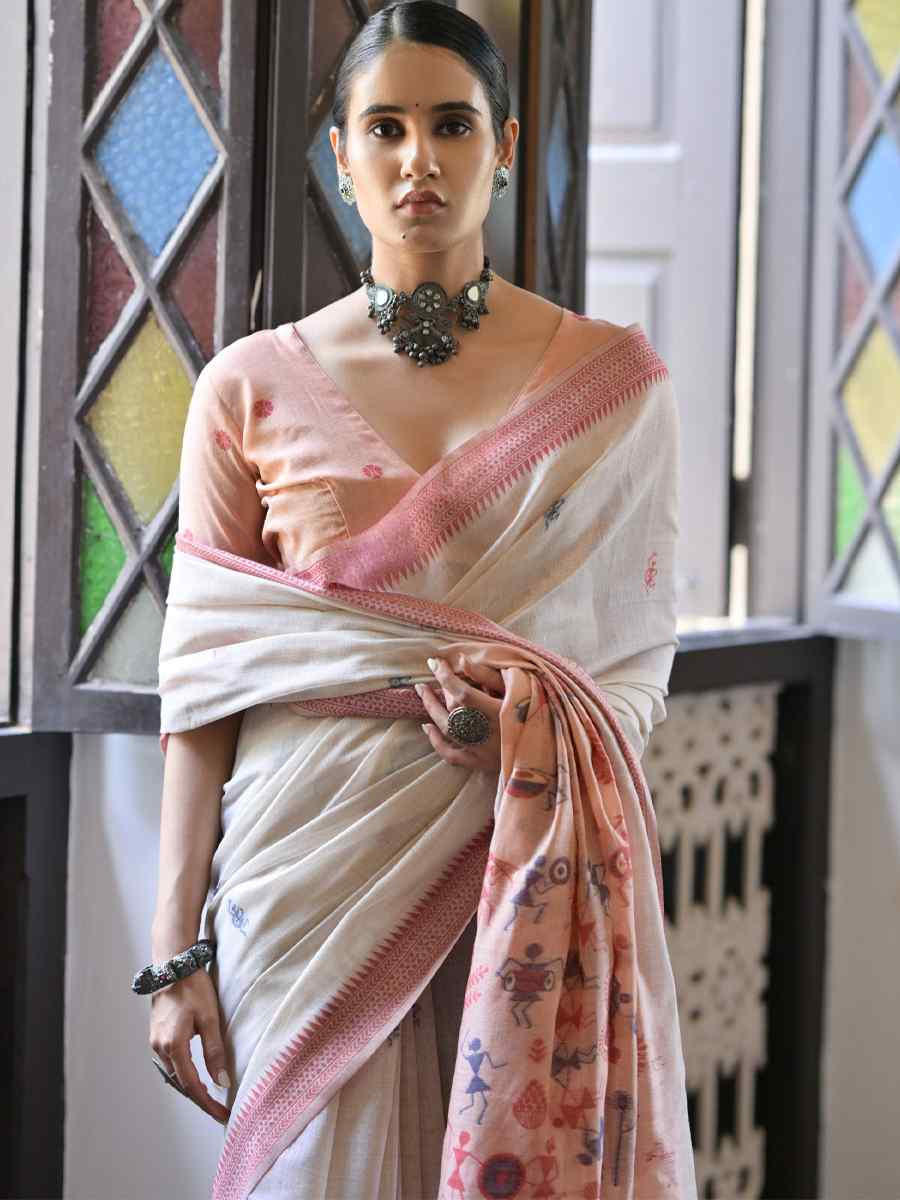 Cream Soft Muga Cotton Handwoven Casual Reception Festival Wedding Fancy Heavy Border Saree