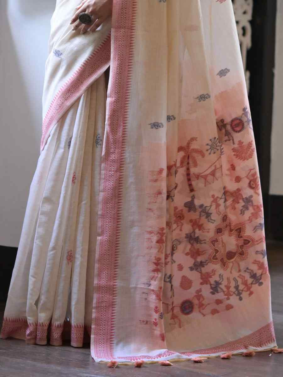 Cream Soft Muga Cotton Handwoven Casual Reception Festival Wedding Fancy Heavy Border Saree