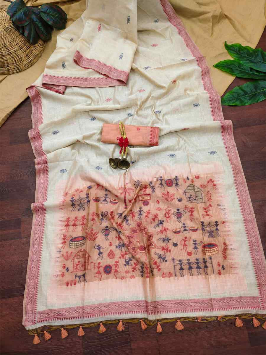 Cream Soft Muga Cotton Handwoven Casual Reception Festival Wedding Fancy Heavy Border Saree