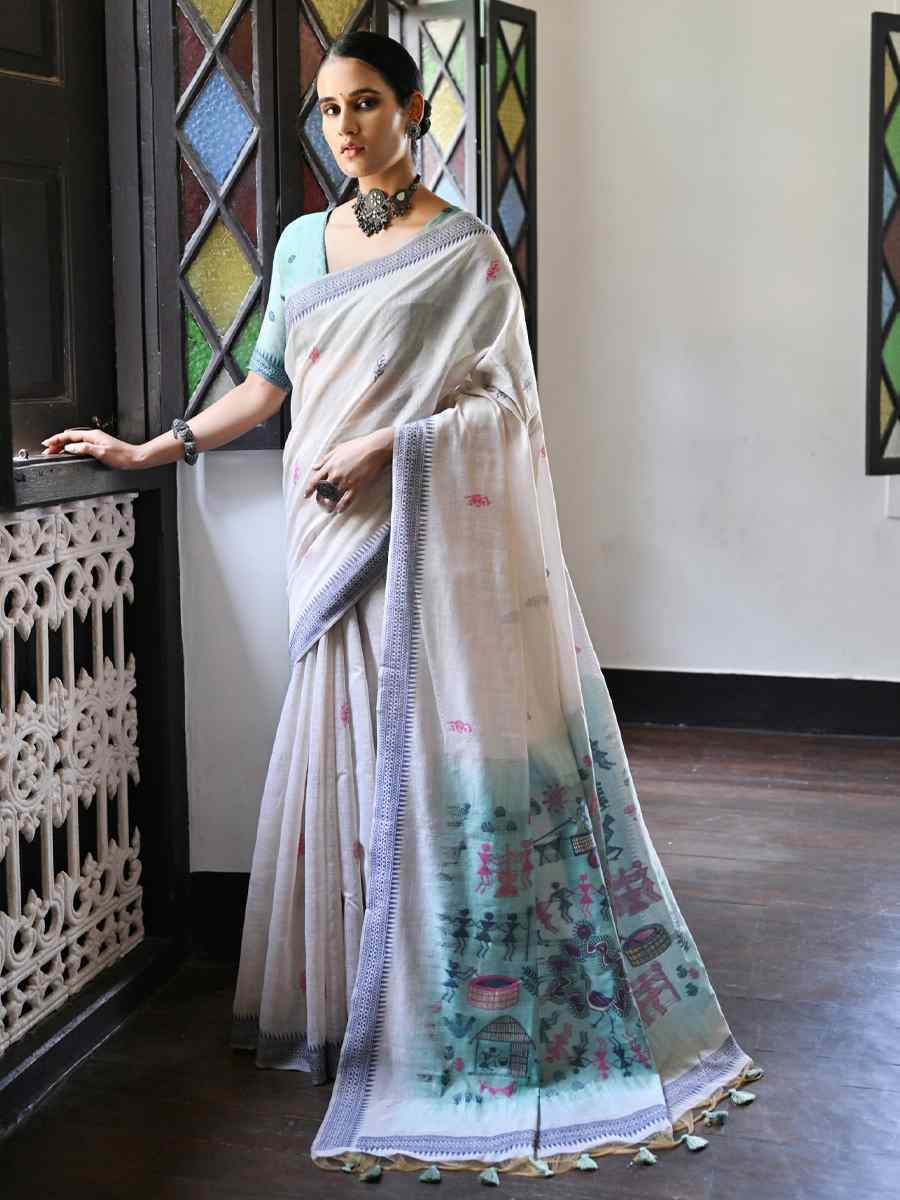 Cream Soft Muga Cotton Handwoven Casual Reception Festival Wedding Fancy Heavy Border Saree