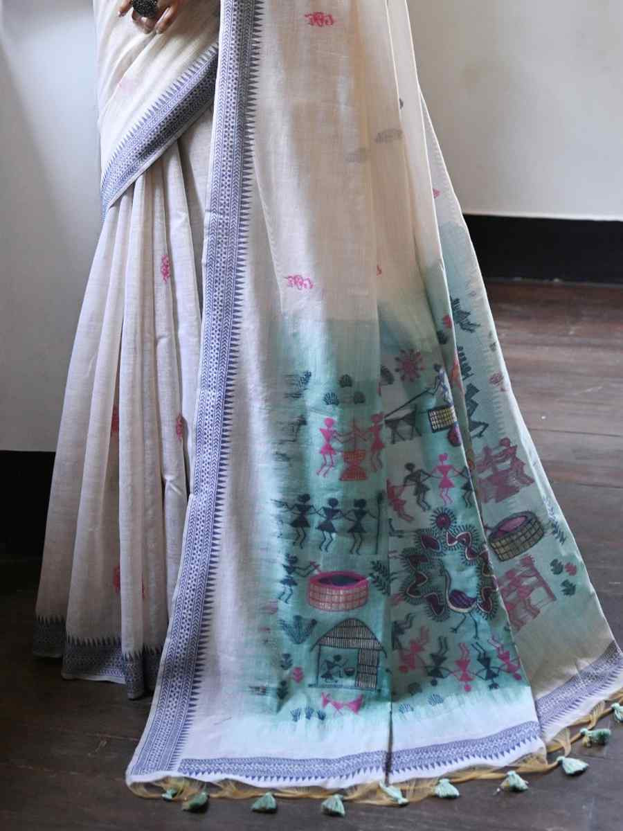 Cream Soft Muga Cotton Handwoven Casual Reception Festival Wedding Fancy Heavy Border Saree