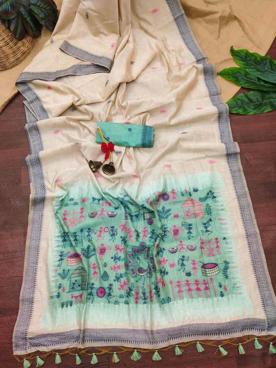 Cream Soft Muga Cotton Handwoven Casual Reception Festival Wedding Fancy Heavy Border Saree