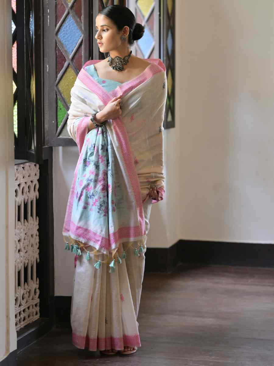 Cream Soft Muga Cotton Handwoven Casual Reception Festival Wedding Fancy Heavy Border Saree