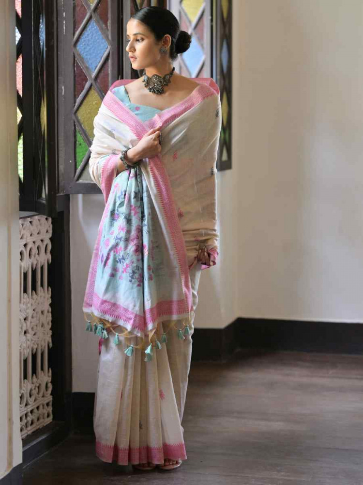 Image of Cream Soft Muga Cotton Handwoven Casual Reception Festival Wedding Fancy Heavy Border Saree