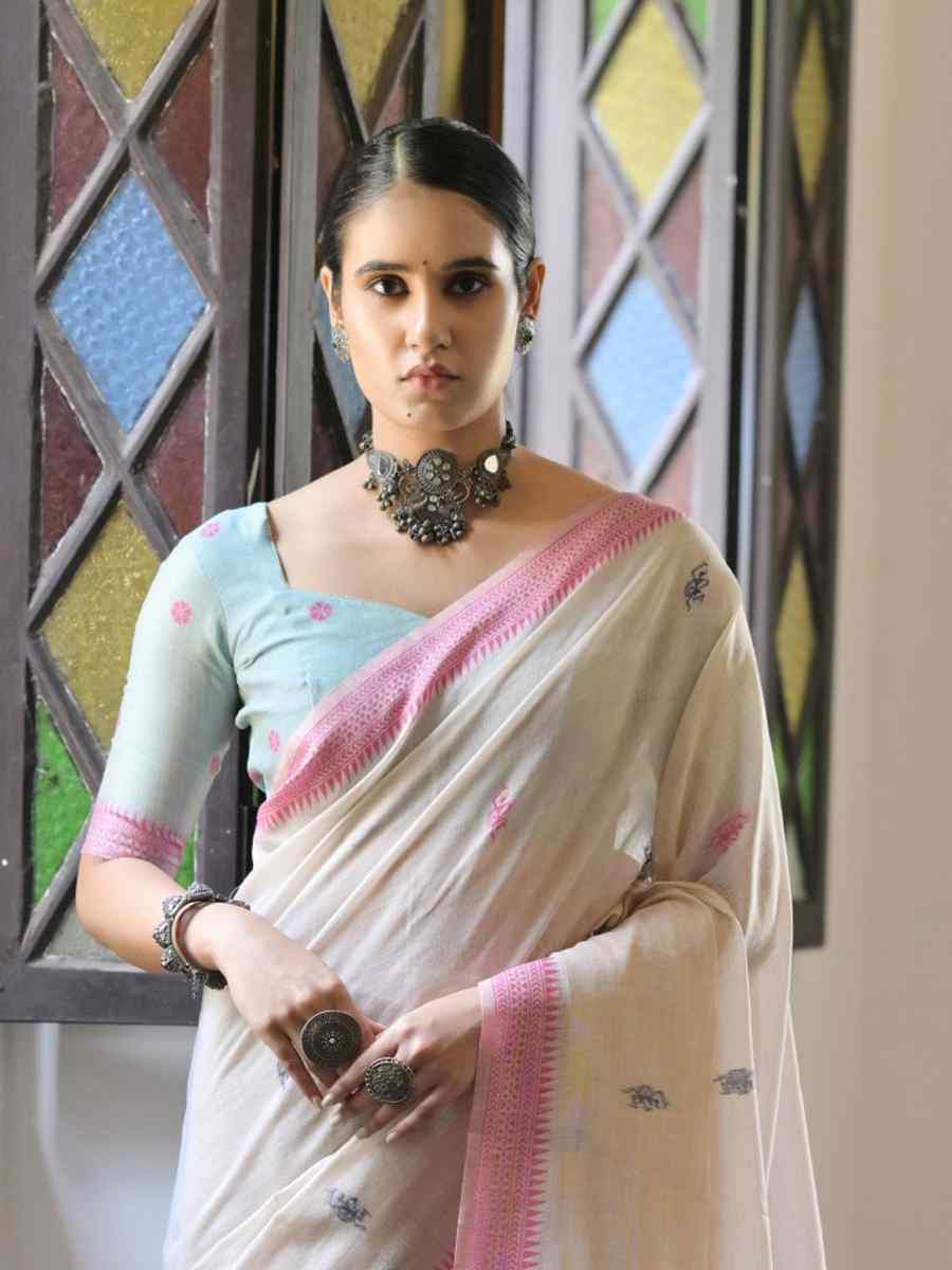 Cream Soft Muga Cotton Handwoven Casual Reception Festival Wedding Fancy Heavy Border Saree