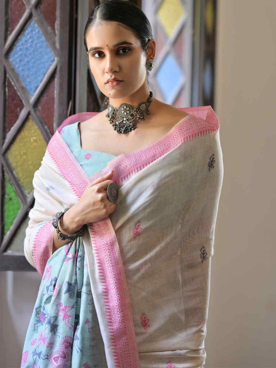 Cream Soft Muga Cotton Handwoven Casual Reception Festival Wedding Fancy Heavy Border Saree