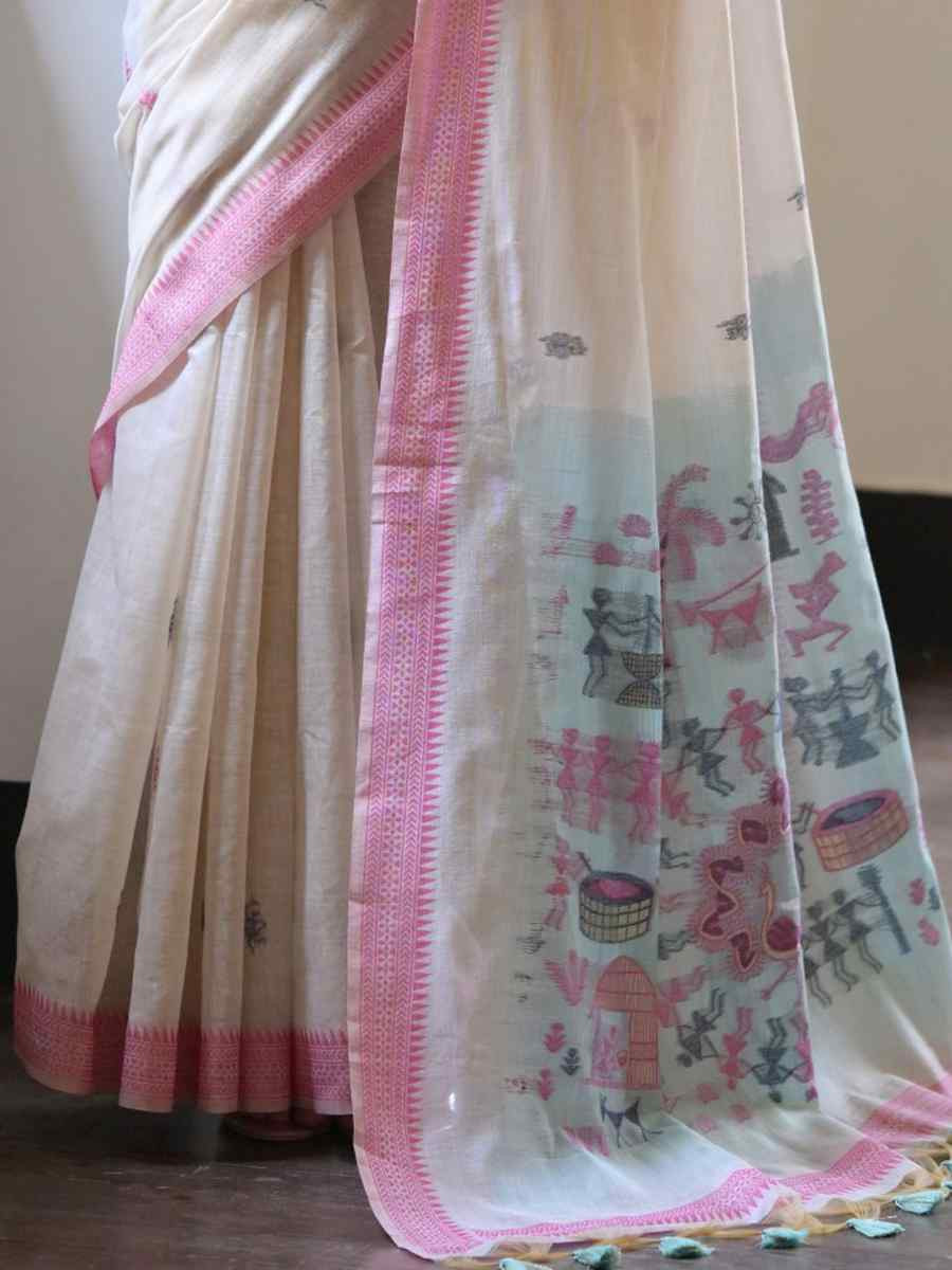 Cream Soft Muga Cotton Handwoven Casual Reception Festival Wedding Fancy Heavy Border Saree