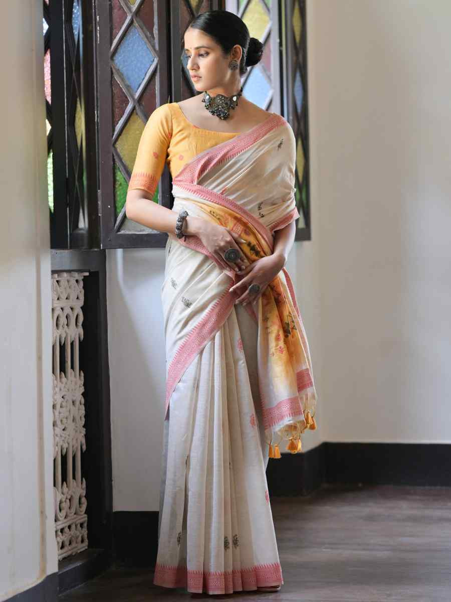 Cream Soft Muga Cotton Handwoven Casual Reception Festival Wedding Fancy Heavy Border Saree