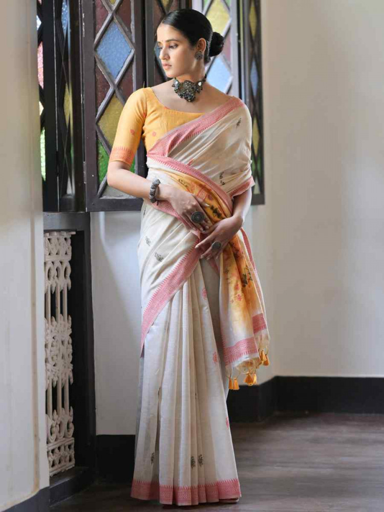 Image of Cream Soft Muga Cotton Handwoven Casual Reception Festival Wedding Fancy Heavy Border Saree