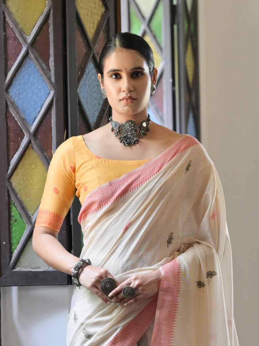 Cream Soft Muga Cotton Handwoven Casual Reception Festival Wedding Fancy Heavy Border Saree