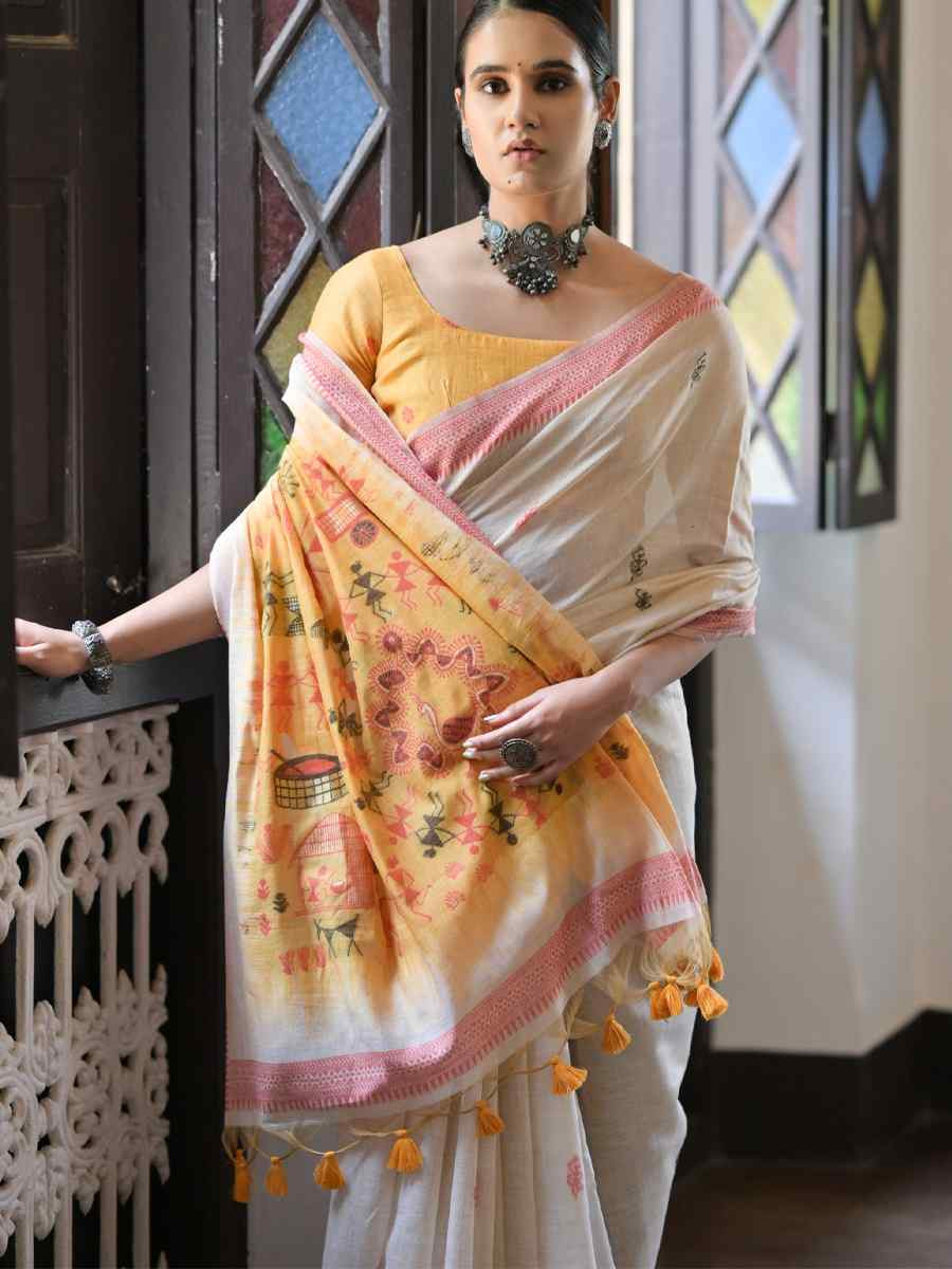 Cream Soft Muga Cotton Handwoven Casual Reception Festival Wedding Fancy Heavy Border Saree